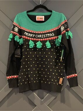 Tipsy Elves Black & Green 'Merry Christmas' Tassel Sweater